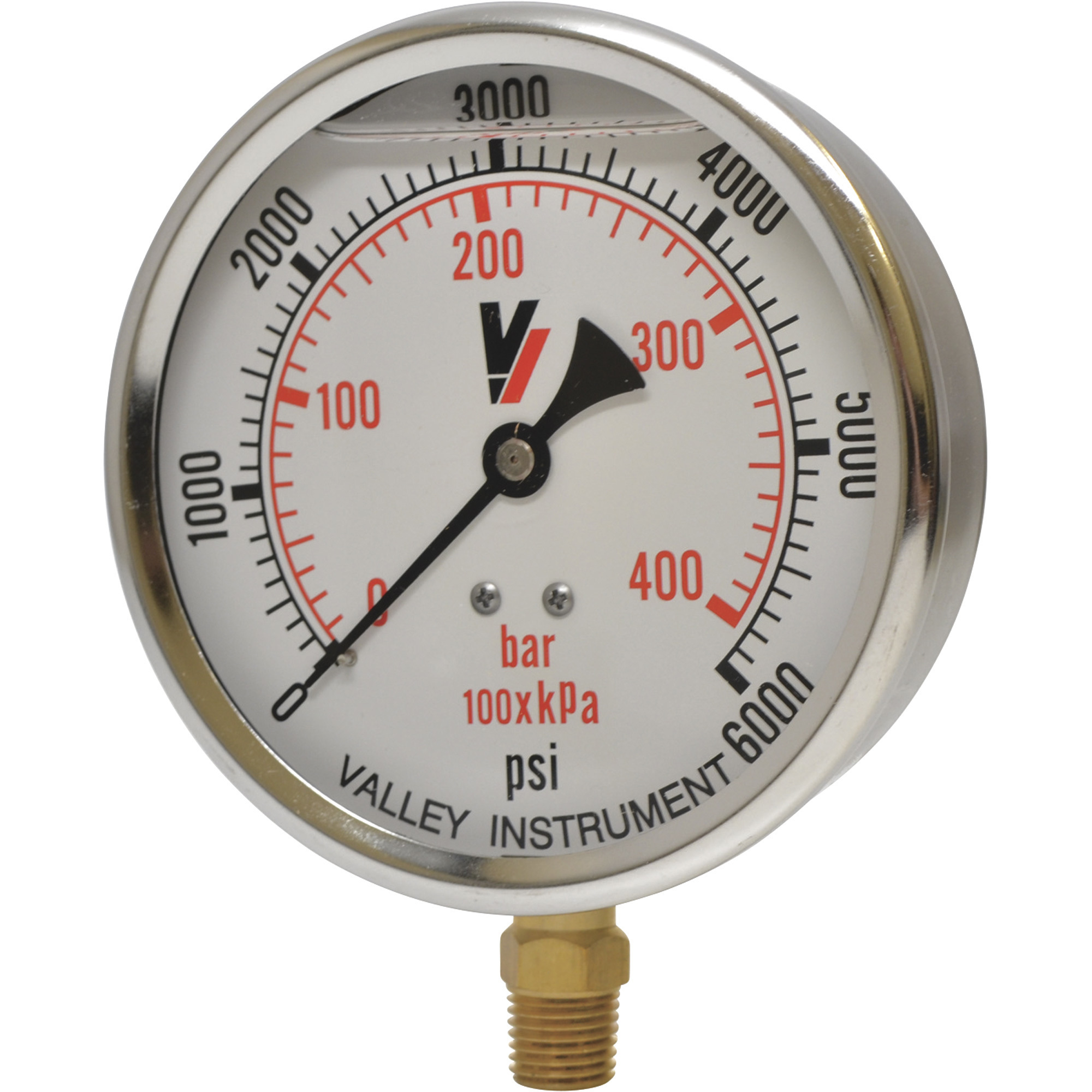 Valley Industries, 4in. Bottom Mt Gauge 6000PSI, Case Material Stainless Steel, Min. Operating Pressure 0 PSI, Max. Operating Pressure 6000 PSI, Model# 4140GXB6000